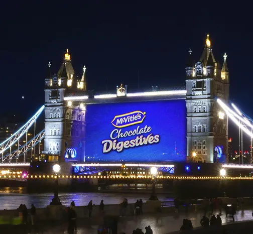 McVities Chocolate Digestives projection on Tower Bridge