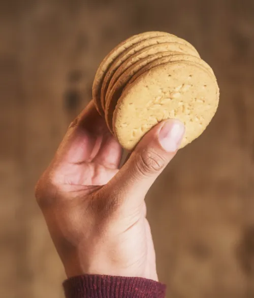 Hand holding stack of Digestives